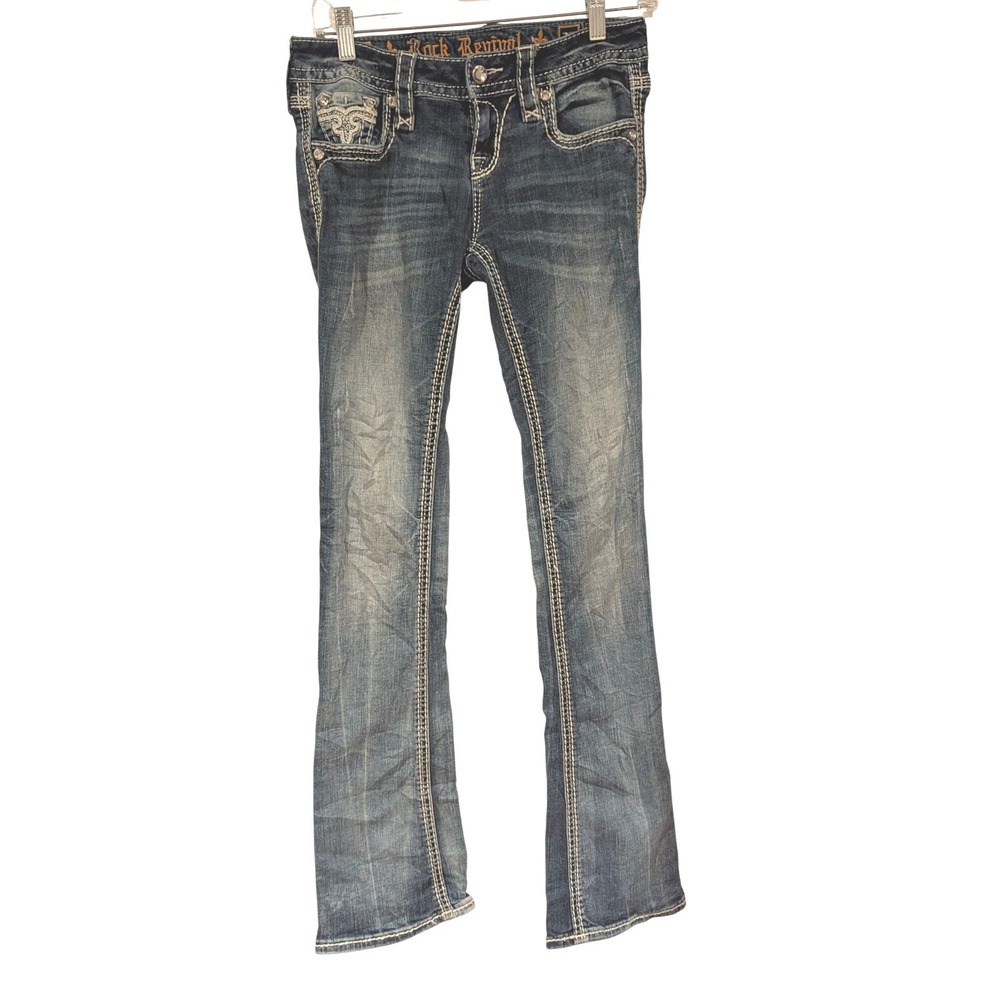 Rock Revival Nancy Bootcut Jeans Embroidered Contrast Stitch Size 25 Low‎ Rise